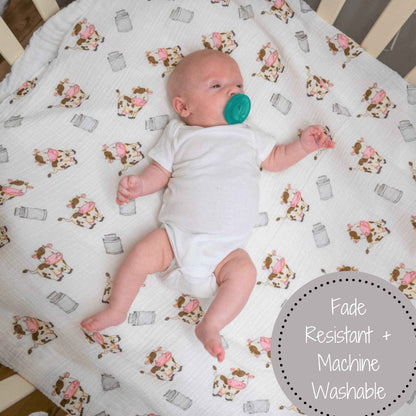LollyBanks - The Cow Goes MOO Baby Muslin Swaddle Blanket