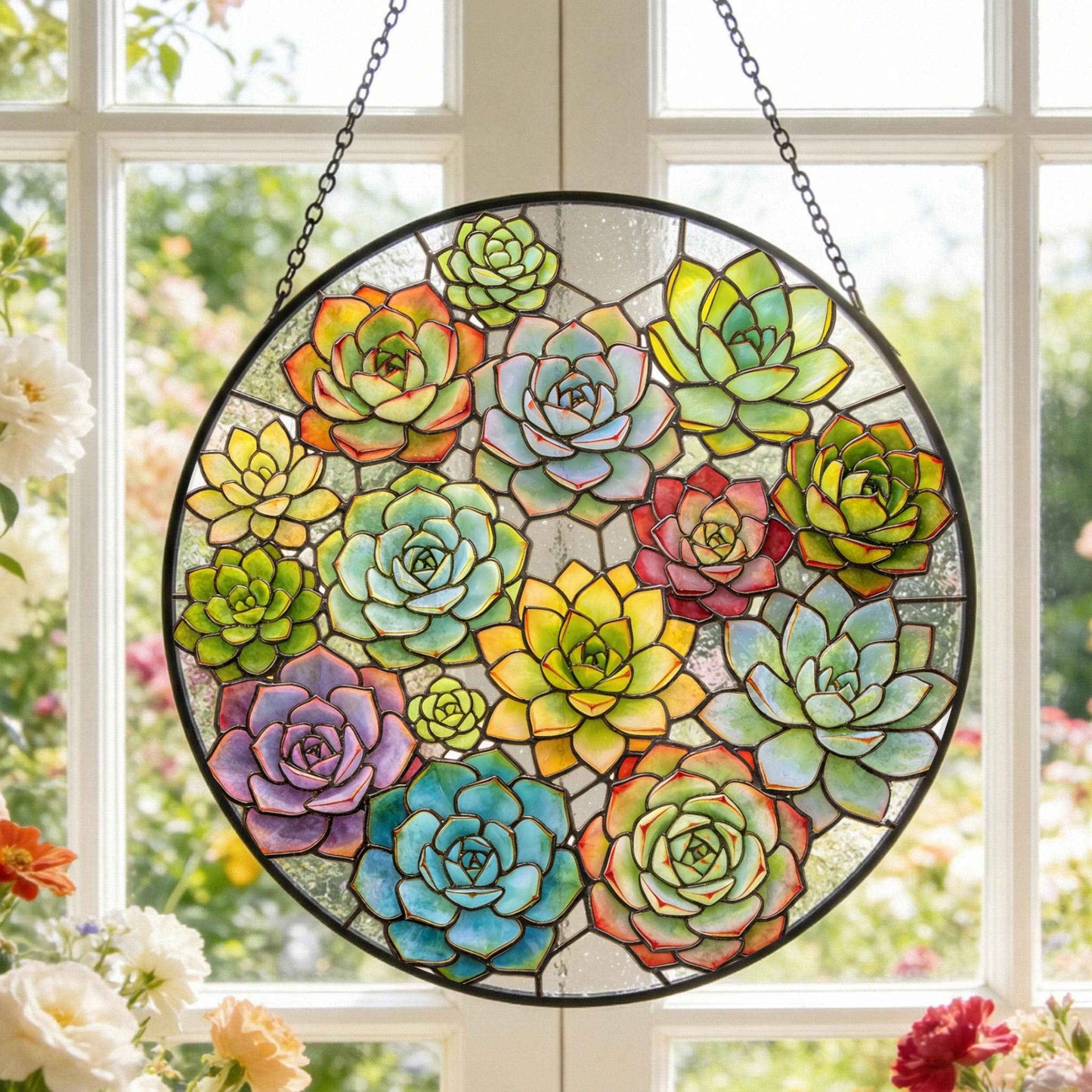 Succulent Botanical Suncatcher, Colorful Plant Stained Glass