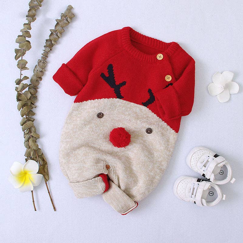 Baby Cartton Pattern Contrast Design Side Button Christmas Knitted Romper (6-9M)