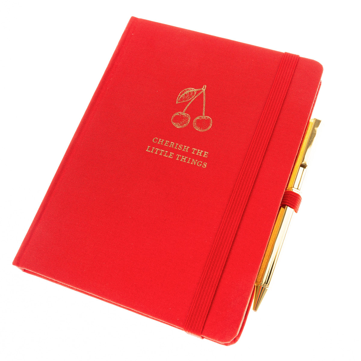 La Petite Presse Cherry Fabric-Bound Journal with Pen, A cherry red fabric journal with gold foil cherries and the words Cherish the Little Things on the cover, paired with a gold twist pen.