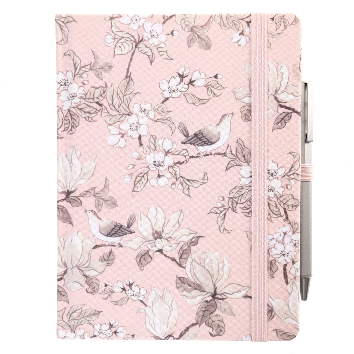 La Petite Presse Birds Fabric-Bound Journal with Pen, A blush pink fabric journal printed with songbirds and magnolia blossoms, closed with an elastic band and a silver pen tucked into a loop.