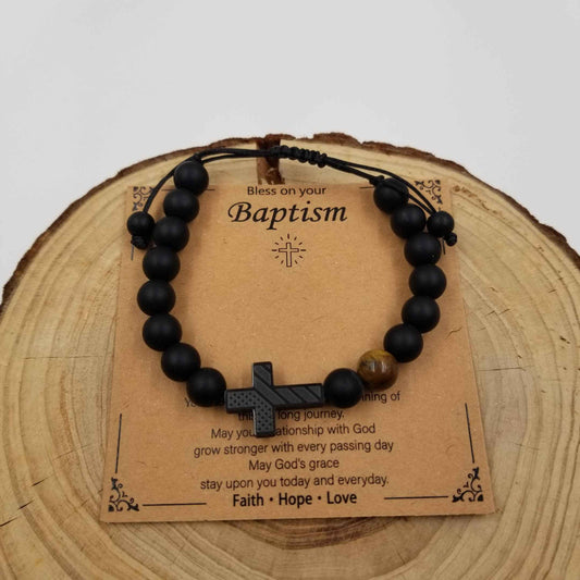 Natural Tiger Eye Stone Obsidian Cross Baptism Bracelet