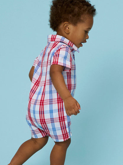 Baby Boys Lincoln Plaid Short Sleeve Woven Button-Up Romper: Multi-Color / 0-3m