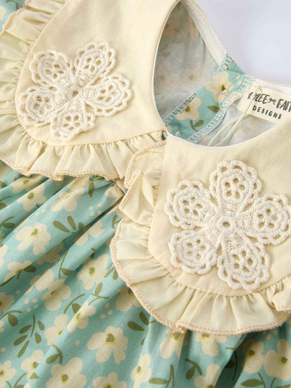 Spring Floral Print Long-Sleeved Romper and Dress Matching Headband: 5 / Dress