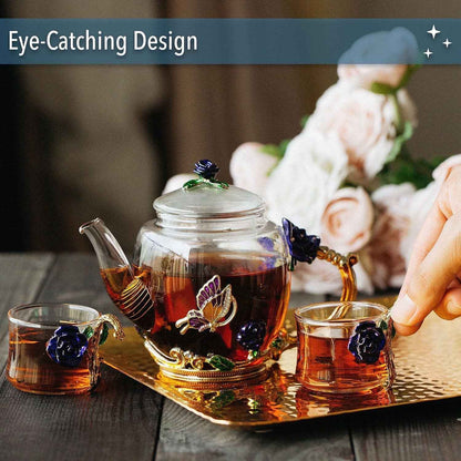 Floral Glass Tea Set with Teapot – 2 Cups
