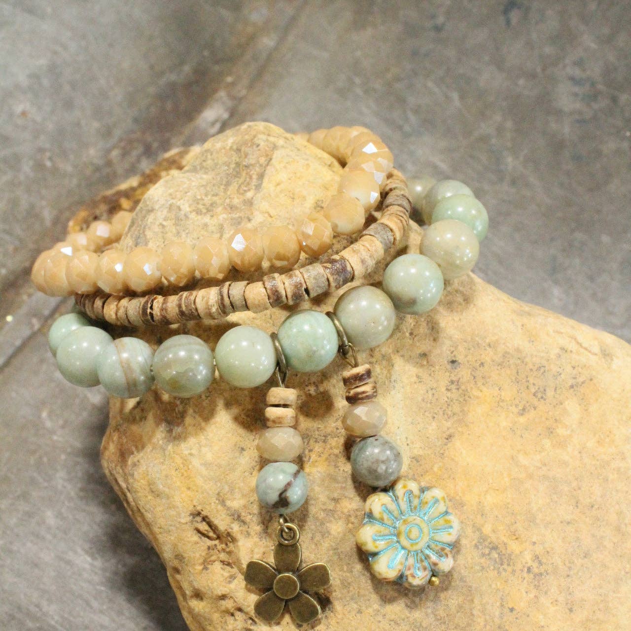 Stone, Glass, & Coconut Flower Dangle Bracelet Set
