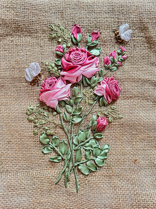 Ribbon Embroidered Rose Jute Bag