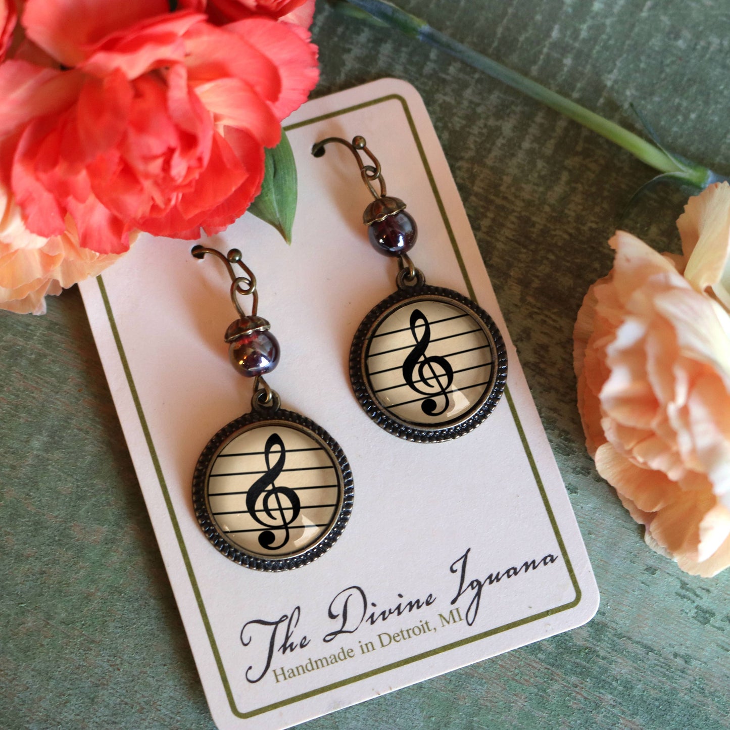 Treble Clef Music Decoupaged Glass Cabochon Dangle Earrings