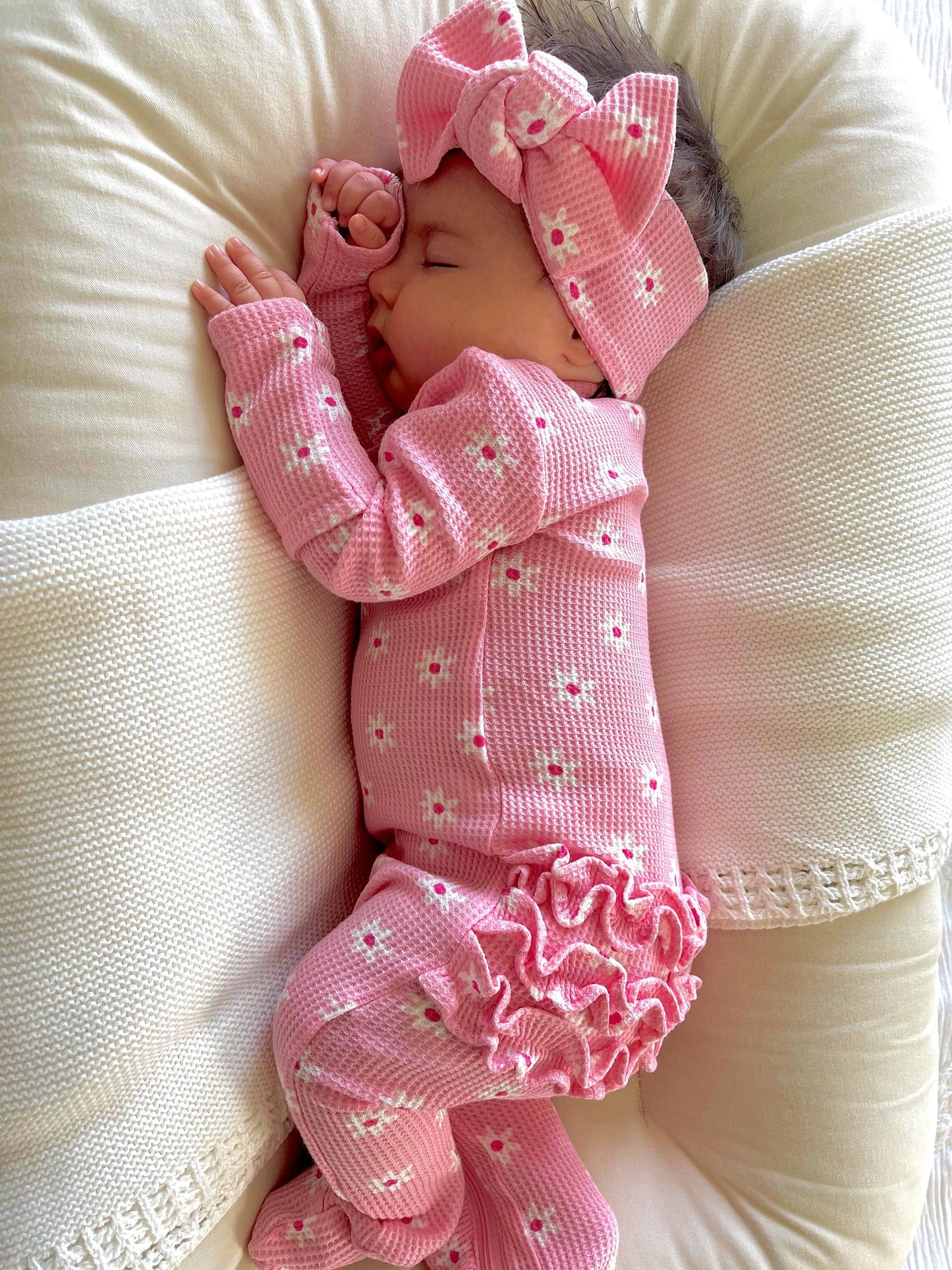 Organic Waffle 2-Way Zip Ruffle Footie, Pink Flower: 3 - 6 mo.