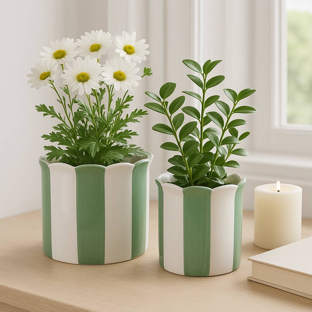 Sagebrook Home - Planters Set of 2 - Green/White Ceramic Striped, 6/8 in.
