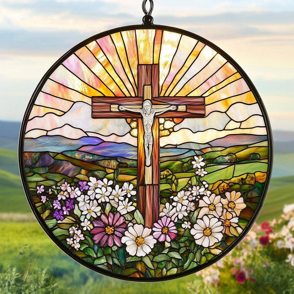 Stained Glass Cross And Wildflowers Suncatcher, Christian