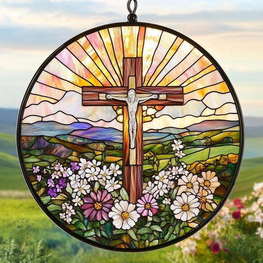 Stained Glass Cross And Wildflowers Suncatcher, Christian