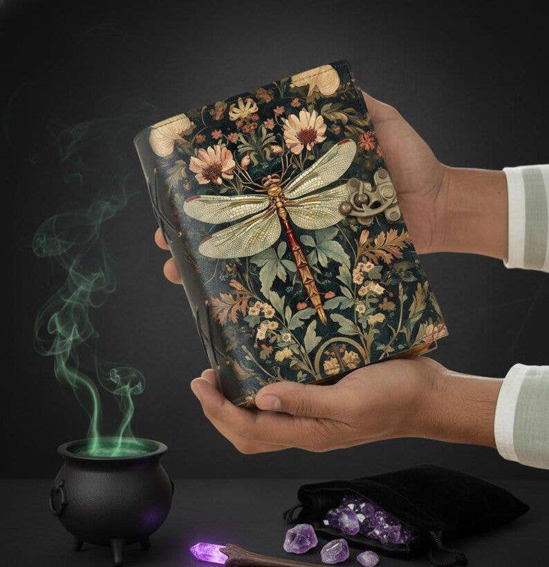Dragonfly Leather Journal with Lock Handmade Vintage Grimoir