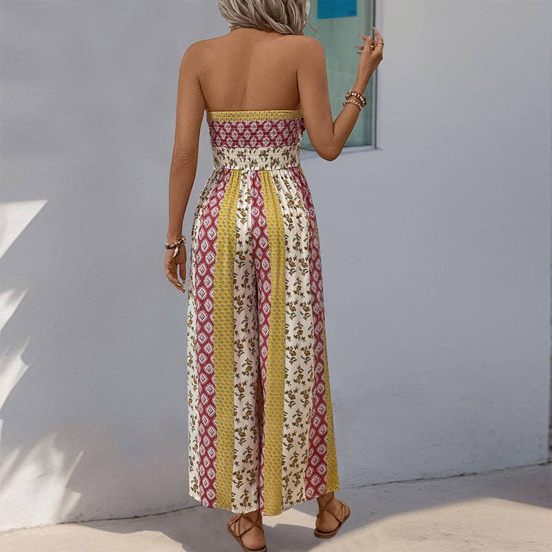 Strapless Smocked Romper Tube Top Flare Trousers Jumpsuit