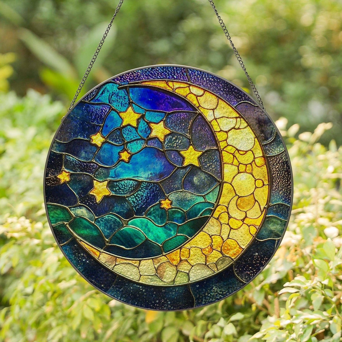 Moon and Stars Stained Glass Suncatcher, Mystical Night