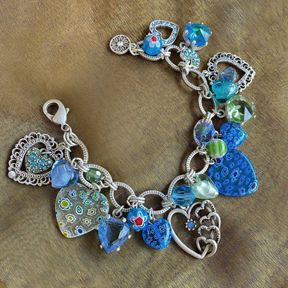 Joyería Sweet Romance - Pulsera con dije de corazón Millefiori azul y plateado