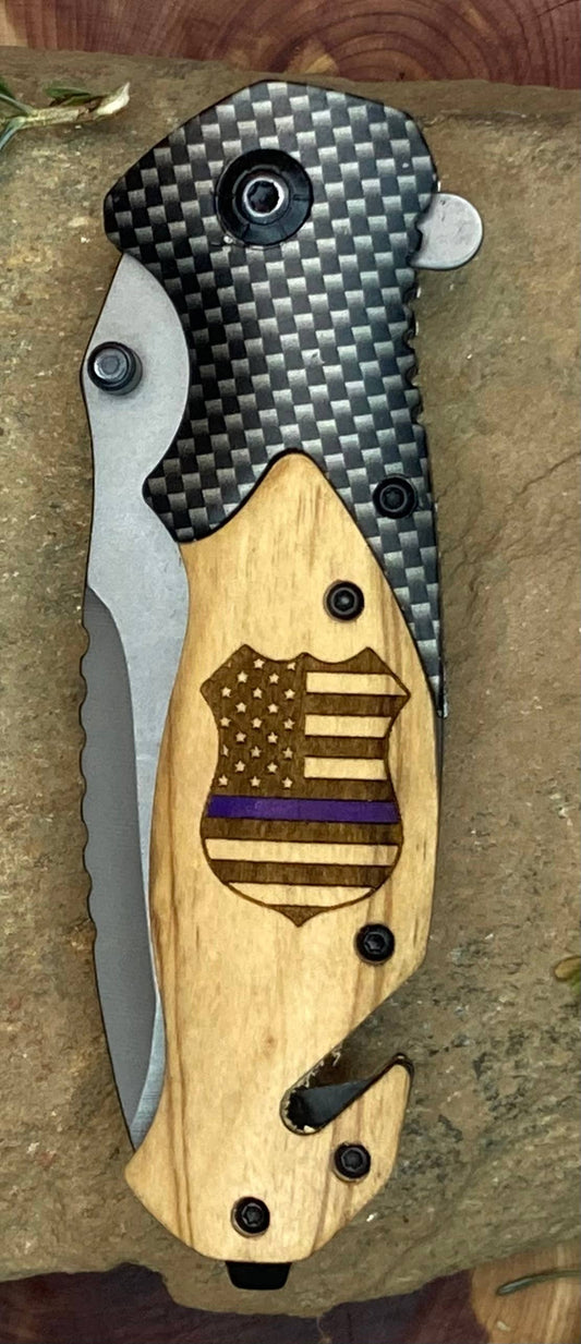 Quail Tail Laser Art - Police Badge/Blue Line Knife