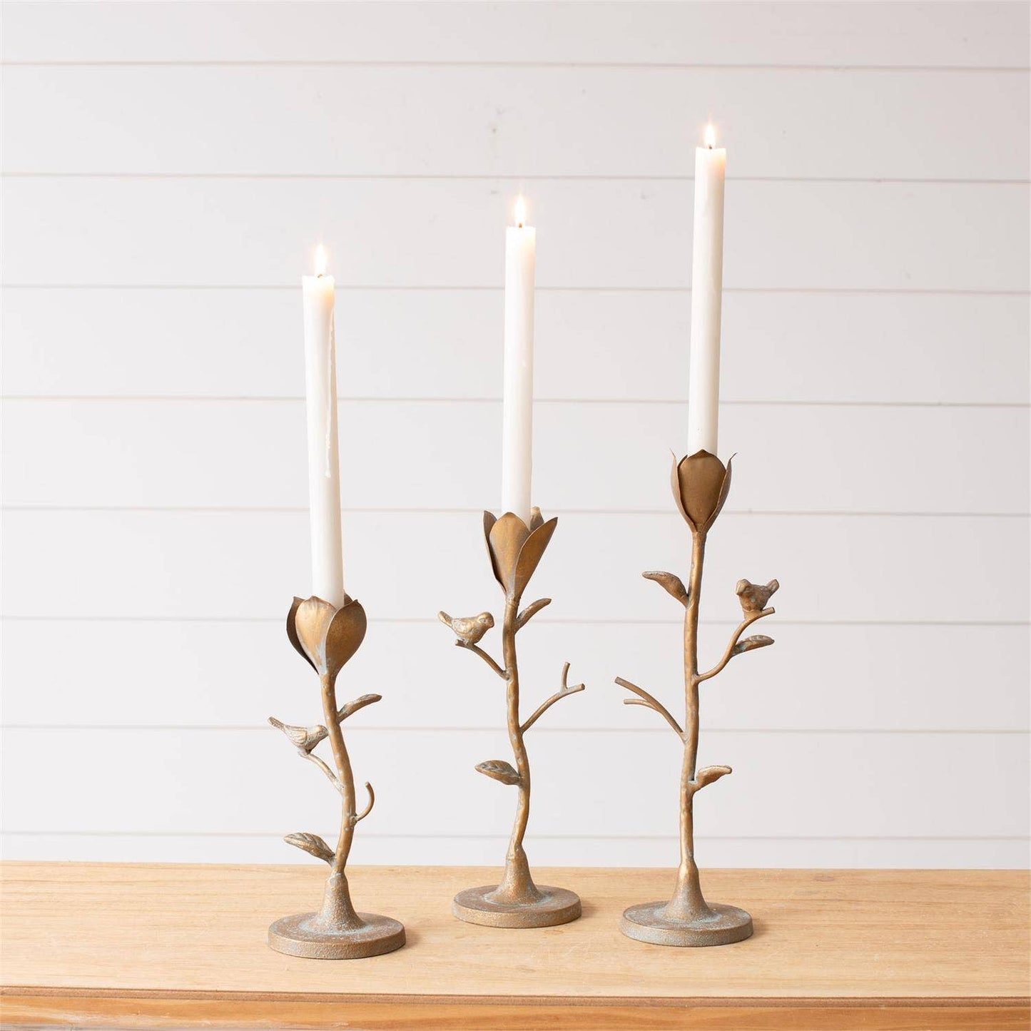 Candle Holder  Flower Stems With Birds (Set Of 3)