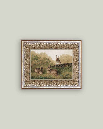 Rabbits on a Log Framed Antique Art