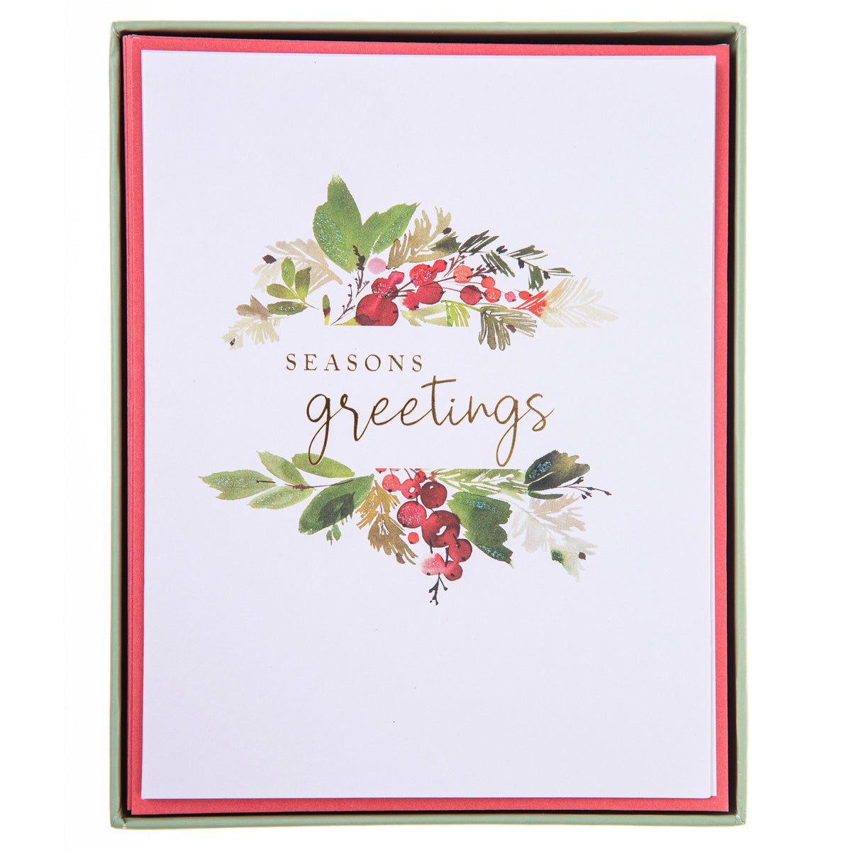 Season's Greetings Holiday Boxed Cards, A Christmas card with a watercolor holly and berry design and gold foil Seasons Greetings script, shown with its red envelope.