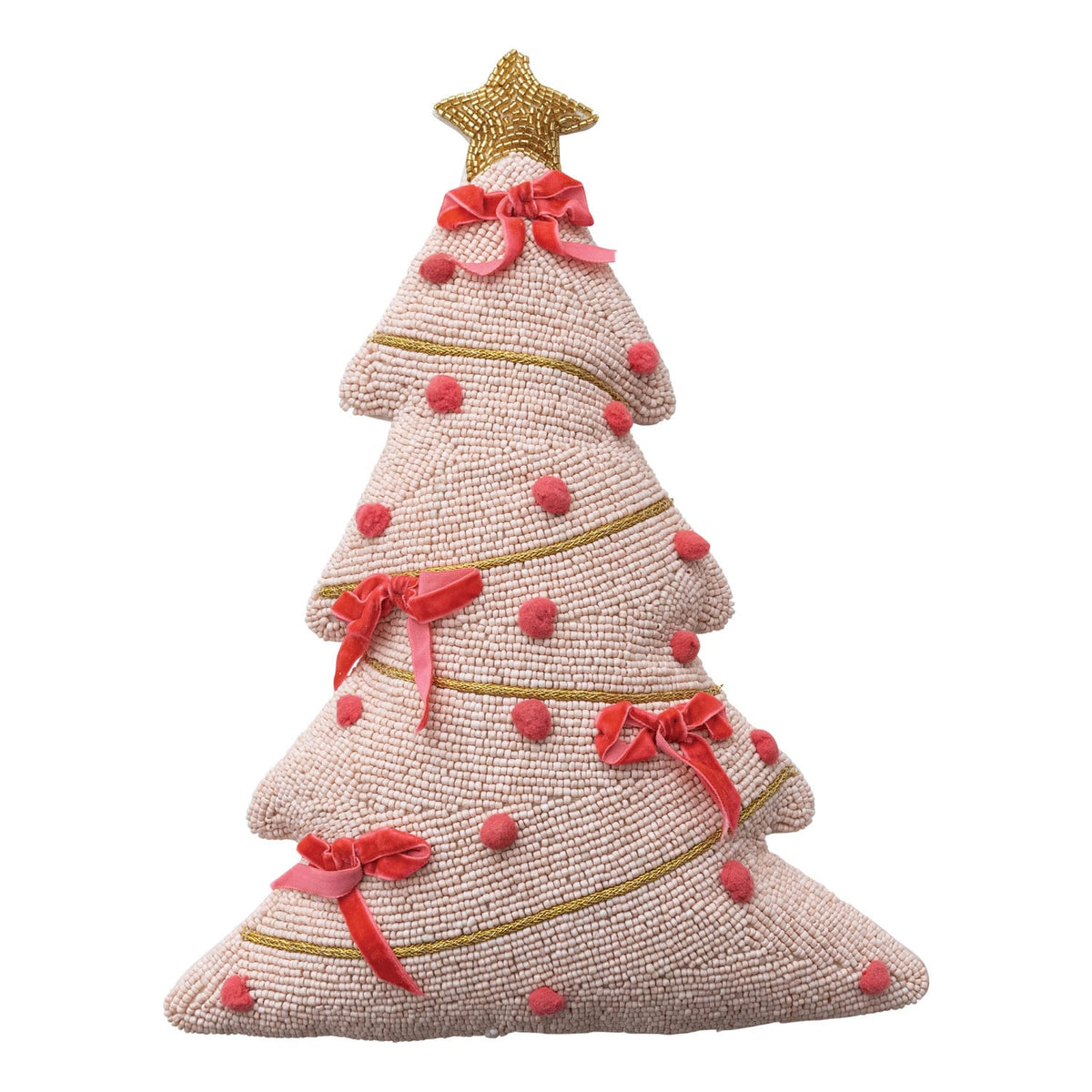 Beaded Christmas Tree Shaped Pillow, A pale pink Christmas tree shaped pillow covered in tiny beads with red velvet bows, pink pom-poms, gold trim swags and a gold beaded star on top.