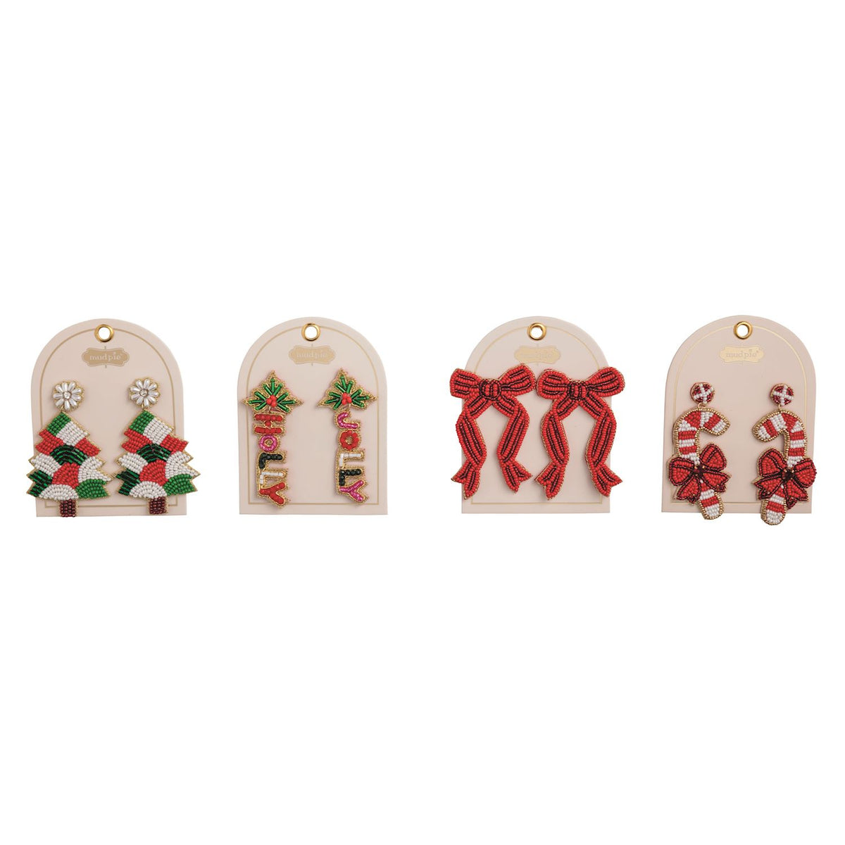 Beaded Holiday Statement Earrings, Four pairs of beaded Christmas earrings on cream cards: trees, Holly Jolly letters, red bows and candy canes.