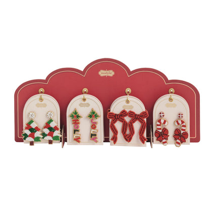 Beaded Holiday Statement Earrings, Four pairs of beaded Christmas earrings on cream cards: trees, Holly Jolly letters, red bows and candy canes.