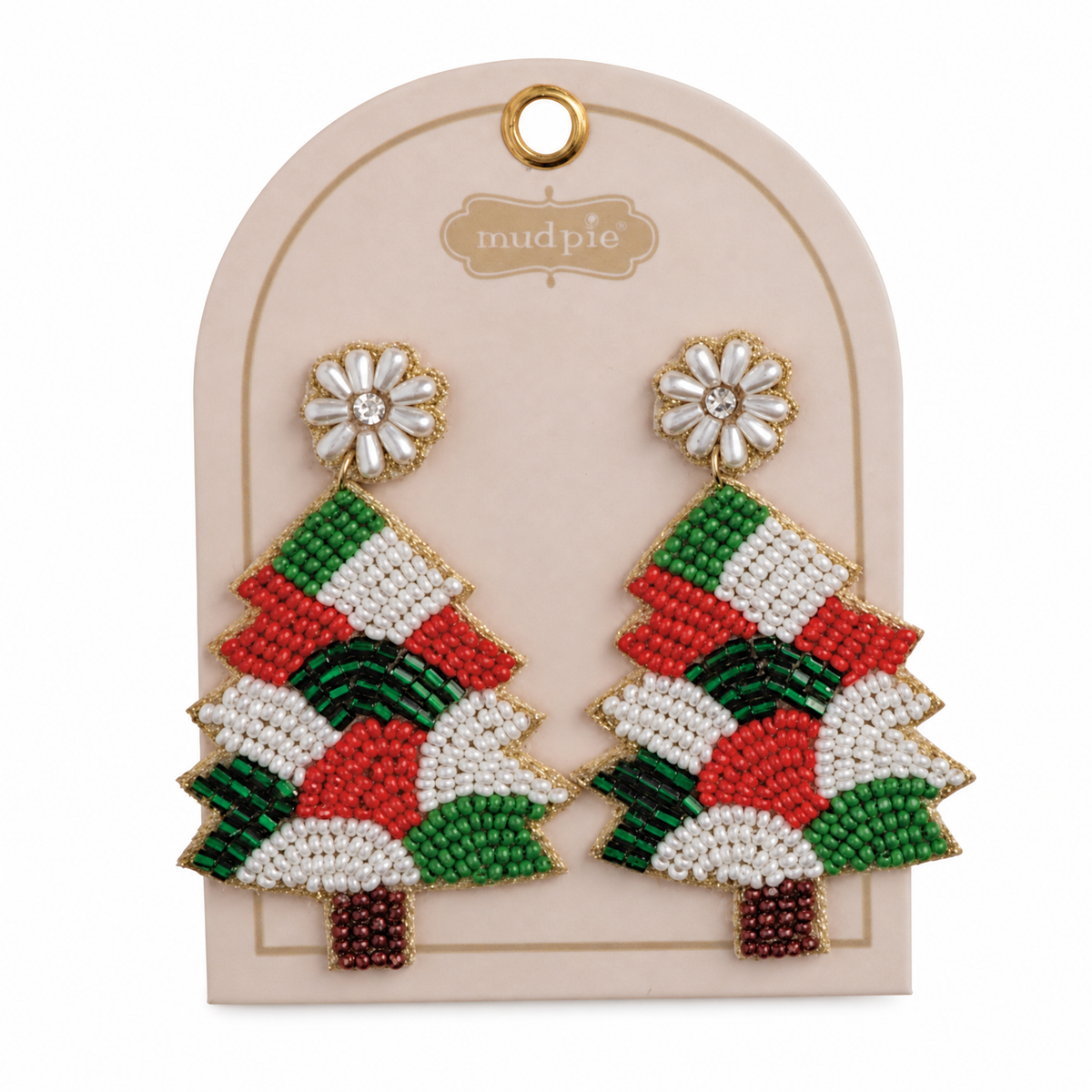 Beaded Holiday Statement Earrings, Christmas Tree design: a red, white and green beaded tree, and HOLLY and JOLLY spelled out under holly sprigs