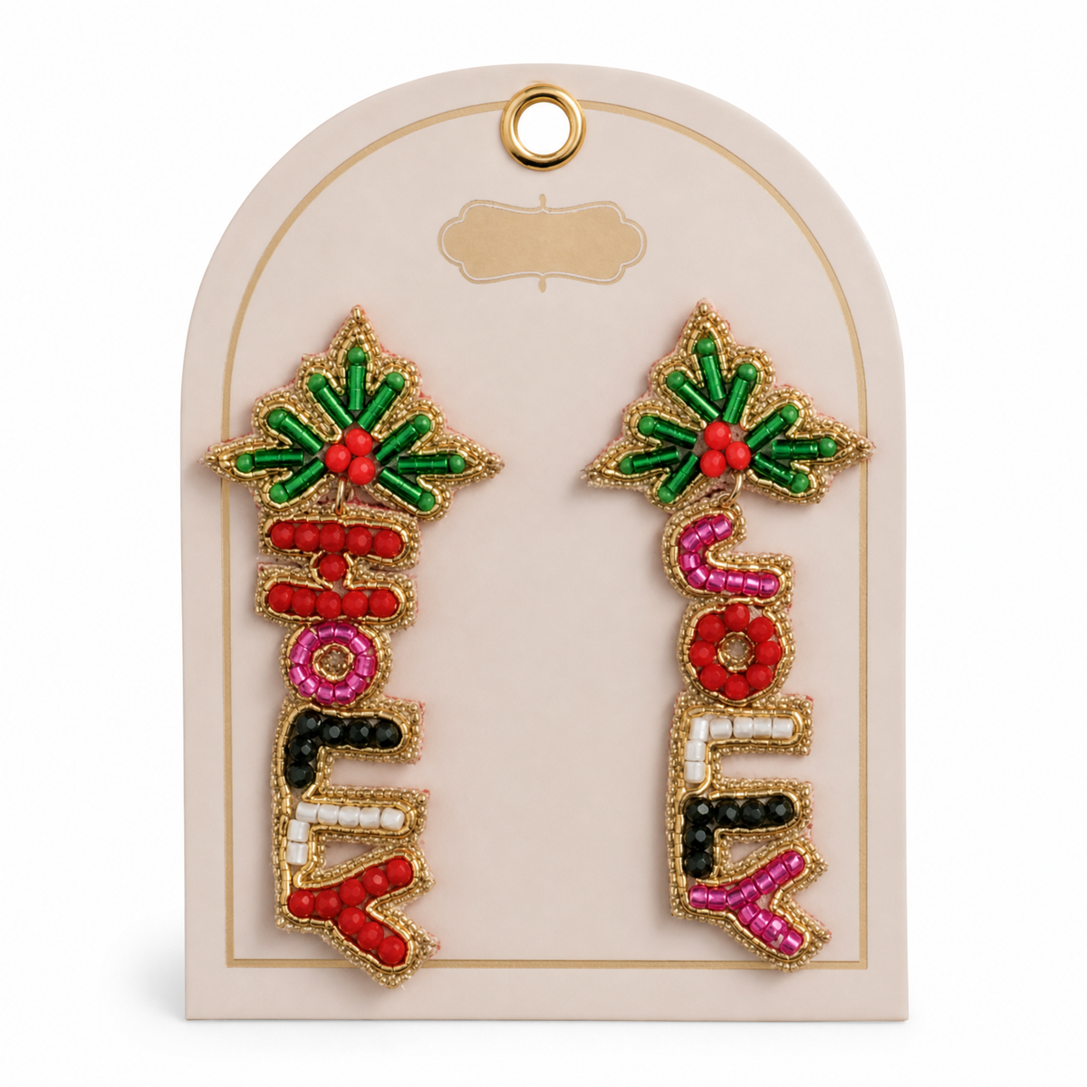 Beaded Holiday Statement Earrings, Holly Jolly design: the words HOLLY and JOLLY spelled out in beads beneath holly sprigs