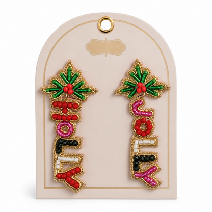 Beaded Holiday Statement Earrings, Holly Jolly design: the words HOLLY and JOLLY spelled out in beads beneath holly sprigs
