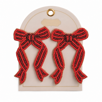 Beaded Holiday Statement Earrings, Bow design: a red beaded ribbon bow on each earring
