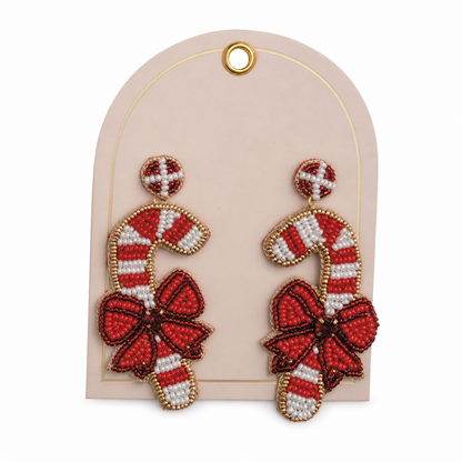 Beaded Holiday Statement Earrings, Candy Cane design: a red beaded bow, and a striped candy cane tied with a bow