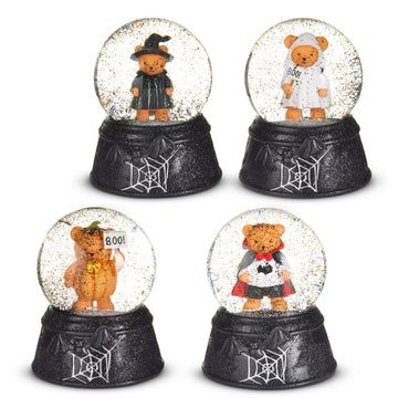 Beary Scary Mini Water Globe, Four mini water globes on black glittered bases with a bat and spiderweb, holding teddy bears dressed as a witch, a ghost with a BOO sign, a pumpkin with a BOO sign and a vampire.