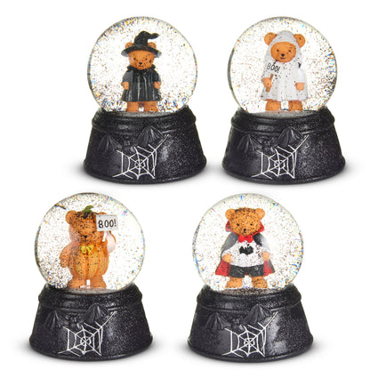 Beary Scary Mini Water Globe, Four mini water globes on black glittered bases with a bat and spiderweb, holding teddy bears dressed as a witch, a ghost with a BOO sign, a pumpkin with a BOO sign and a vampire.