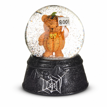 Beary Scary Mini Water Globe, Pumpkin Bear design: one in an orange pumpkin suit, one under a white sheet, each holding a BOO! sign