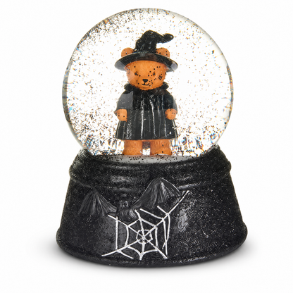 Beary Scary Mini Water Globe, Witch Bear design: one in a pointed hat and black dress, one in a black cape lined in red