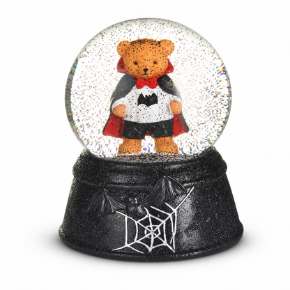 Beary Scary Mini Water Globe, Vampire Bear design: one in a pointed hat and black dress, one in a black cape lined in red