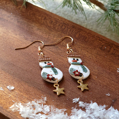 Hand Crafted Snowman with Star Earrings