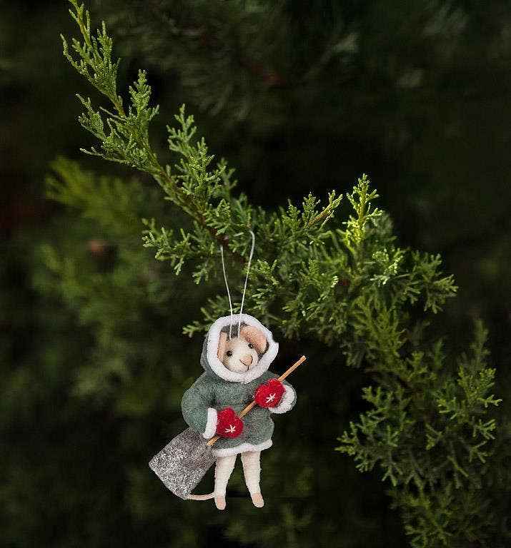 Mouse with Shovel Ornament-Green-5.5"H