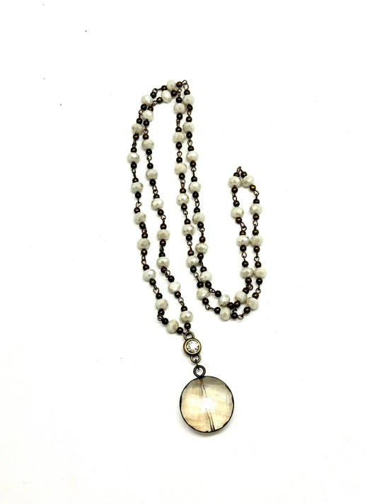 Necklace Vintage Style Cream Bead (8’) Round Beveled Glass 30’