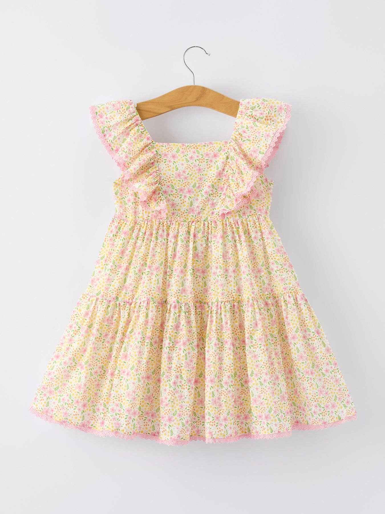 Spring Floral Girls Ruffle Dress With Bow Straw Hat Set: 5