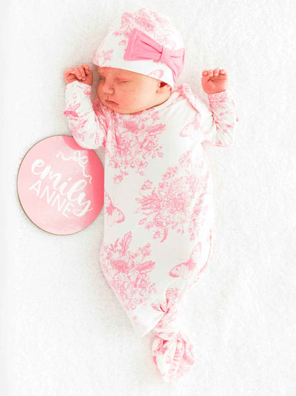 SoftSnooze™ Baby Girls Bamboo Viscose Pink Butterfly Garden Toile Ruffle Knotted Sleep Gown & Bow Hat Set: White / Newborn-3m