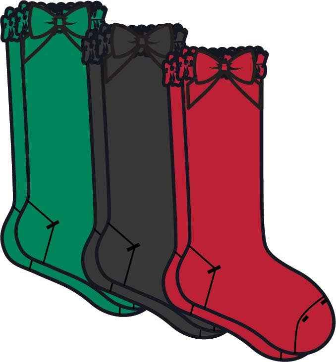 Girls Green, Red, & Black 3-Pack Lace Ruffle Bow Knee High Socks: Multi-Color / 8-12