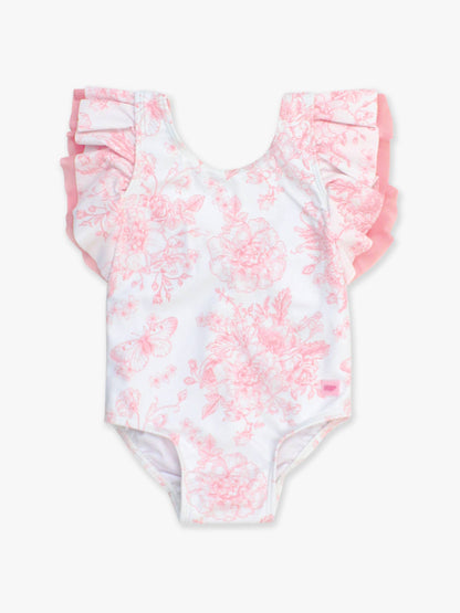 Girls Bubblegum Pink Butterfly Garden Toile Butterfly Sleeve One Piece