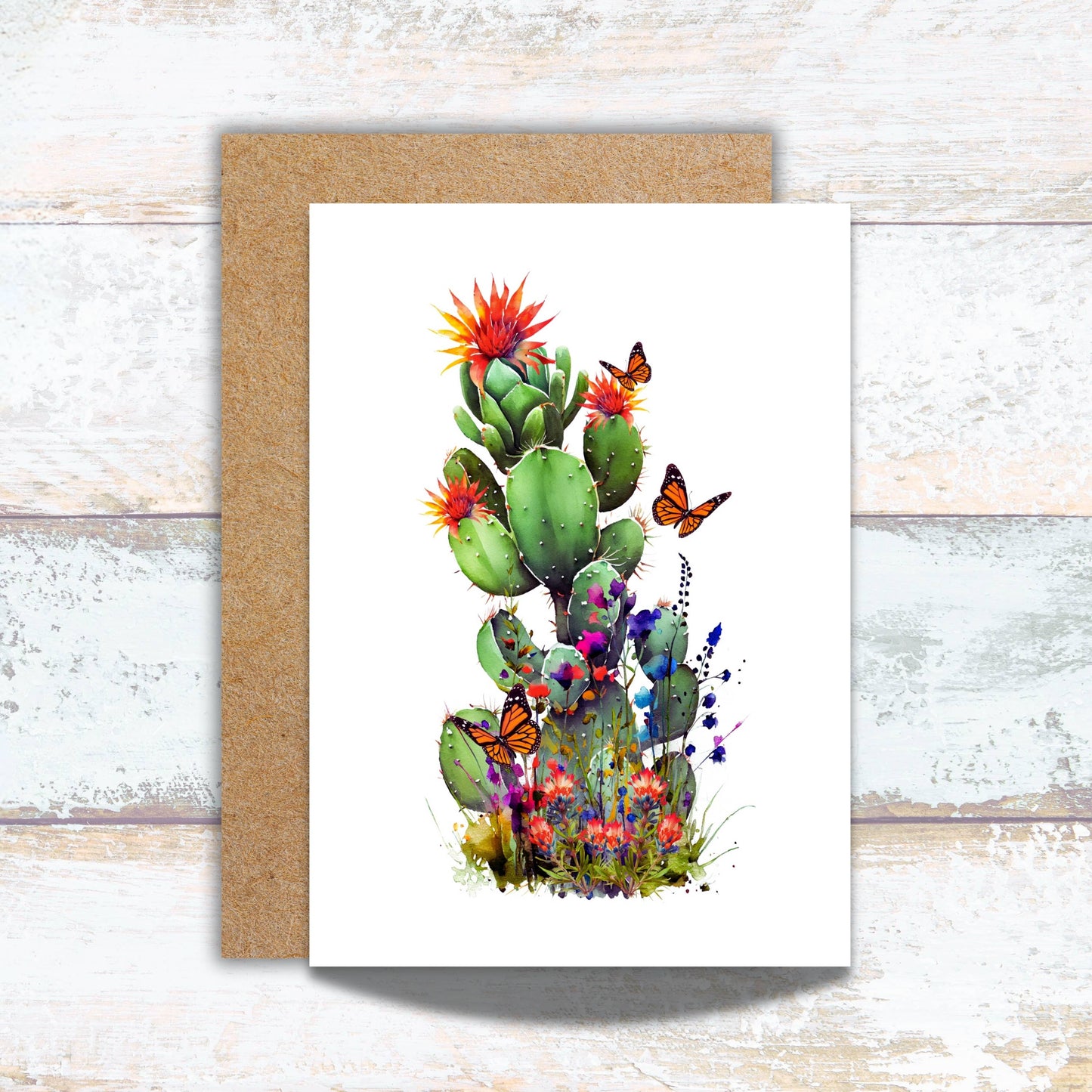 Prickly Pear Cactus and Monarch Butterflies Watercolor Card