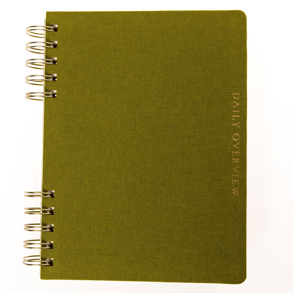Olive Green Fabric-Bound Task Journal, An olive green fabric task journal with Daily Overview lettered in gold foil down the spine edge.