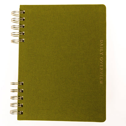 Olive Green Fabric-Bound Task Journal, An olive green fabric task journal with Daily Overview lettered in gold foil down the spine edge.