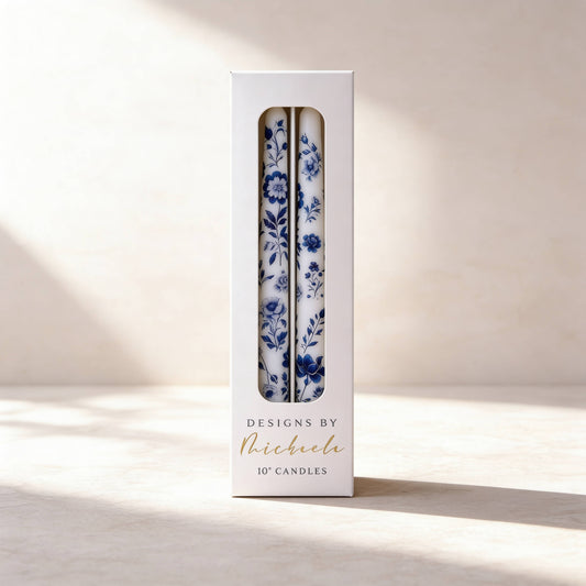 Blue Floral Chinoiserie Taper Candles for Decor and Gifts