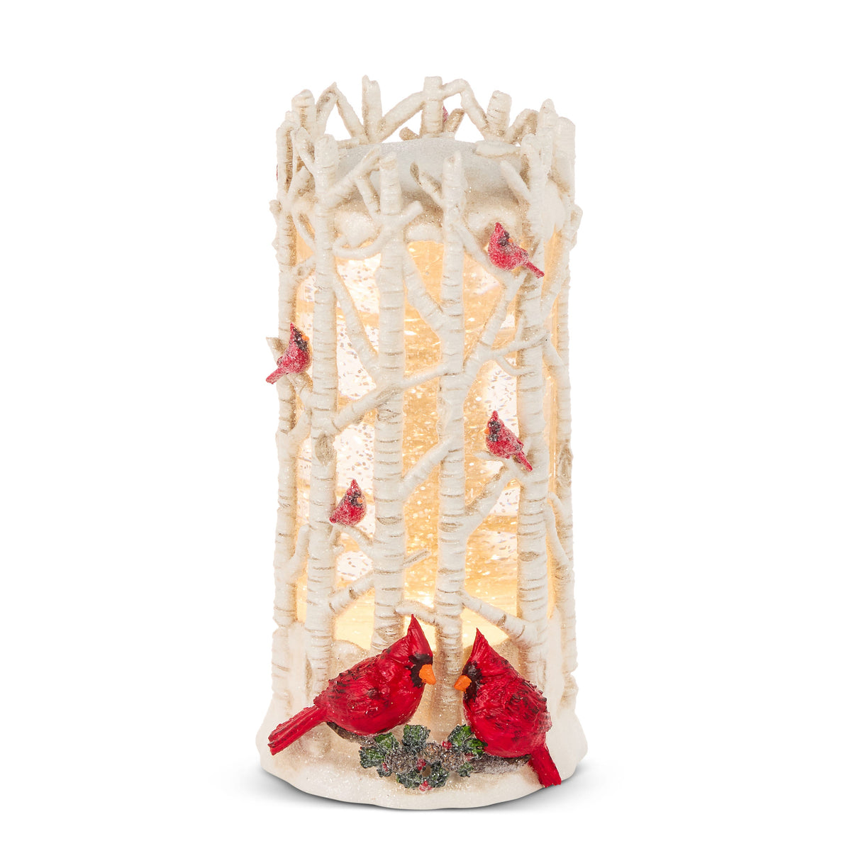 Birch and Cardinal Lighted Water Grove, A white cylinder of sculpted birch trunks with small red cardinals on the branches and two larger cardinals on a holly and pinecone sprig at the base, lit from within.