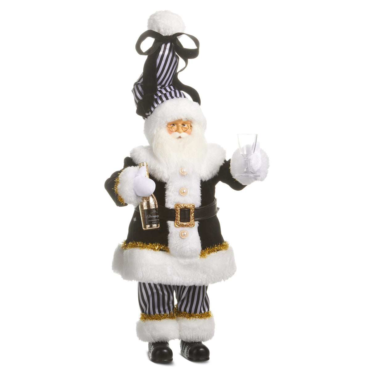 Black and White Champagne Santa, A standing Santa figurine in a black coat with white fur trim and a striped hat, holding a champagne bottle and glass.